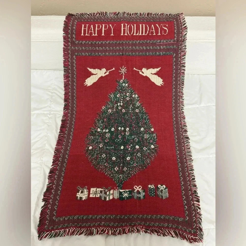 Vintage Christmas Happy Holidays Throw Blanket Tapestry Wall Hanging TableRunner - Picture 2 of 9
